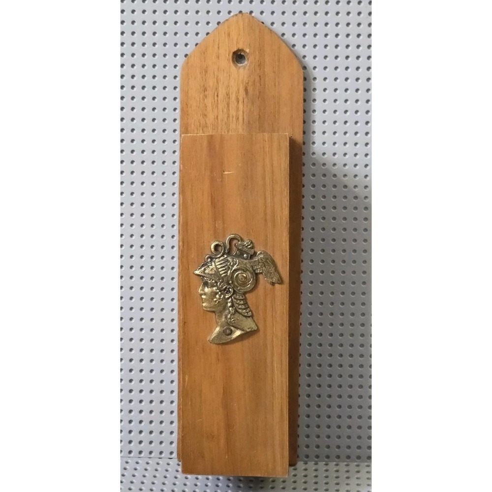 Vintage Wood Long Match Stick Holder Fireplace Box Hermes‎ Roman God Soldier